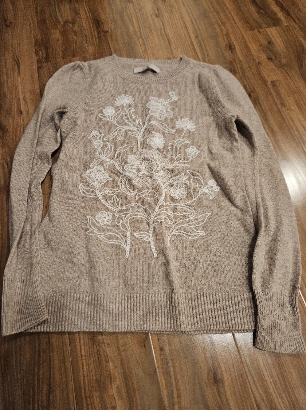 LOFT Taupe Crewneck Sweater with White Floral Embroidery Xs